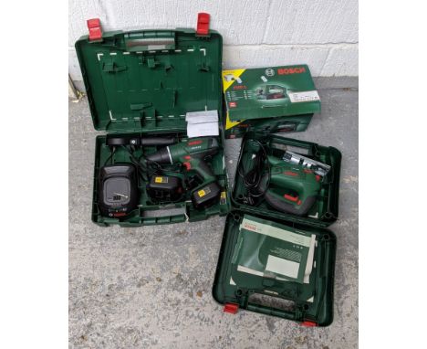Bosch power tools to include a PST 700E 500w Jigsaw, 500w Planer, 18v Lithium-Lon Hammer drill with 2 18v 1.5 batteries Locat
