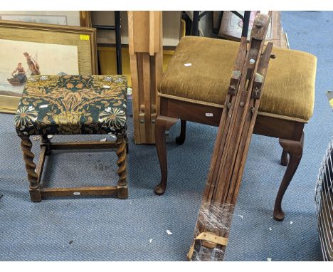 A light wood artist easel and one other small example along with a green top piano stool and a barley twist stoolLocation: 