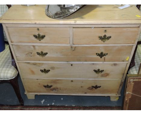 A 19th century pine chest, fitted two short and three graduated long drawers on bracket feet, W. 98cm.