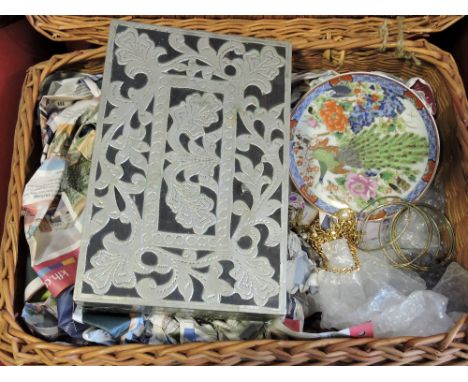 A wicker picnic hamper containing a metal mounted box, assorted costume jewellery, ceramics etc.