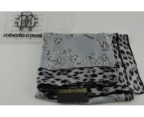 Roberto Cavalli silk scarf, silver grey with monogram link decoration within a leopard print border, 105x105cm.