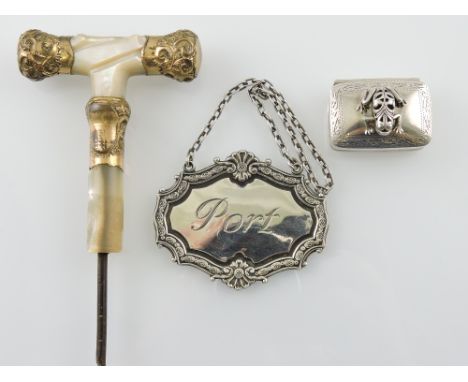 A silver cartouche shaped port decanter label, with shell cast border; together with a 925 silver pillbox with applied toad c