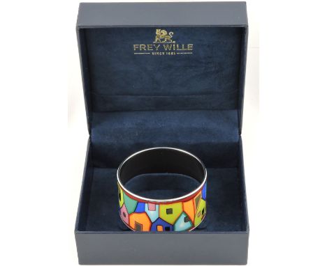 A Frey Wille enamelled bangle,decorated with stylised houses, in original retail box.