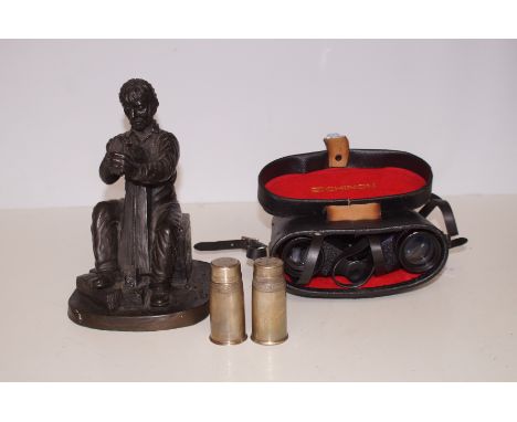 Pair of Continental Silver Condiments &amp; Irish Coal Figure and a Pair of Chinon Binoculars 