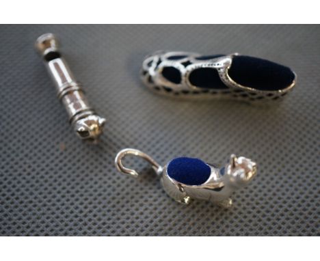 925 Silver Cat Whistle together with a Silver Cat Pin Cushion &amp; Silver Slipper Pin Cushion 