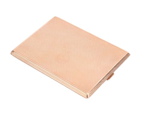 A cigarette case in 9ct yellow gold, of bevelled rectangular form, engine-turned patterns on both sides, push-button thumb pi