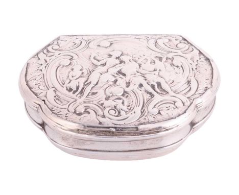A Continental white metal snuff box of cartouche shape, circa 1740, cover chased with figures resembling Aphrodite and Adonis