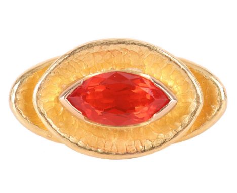 A Modernist cocktail ring set with fire opal, the marquise-cut fire opal of intense reddish-orange colour measuring 13.0 x 6.