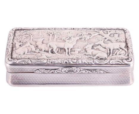 A George IV silver snuff box by Alexander J Strachan, London 1825, of rectangular form, cover portraying a low relief of past
