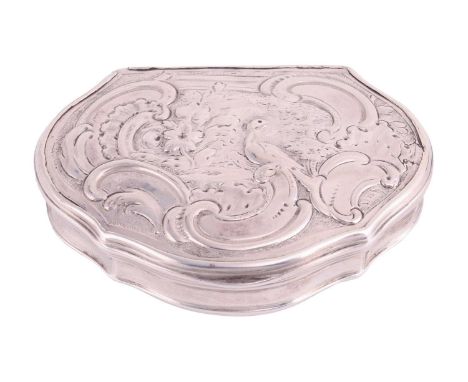 A George II silver snuff box in leather case, by Robert Collier, London 1753, of cartouche shape, hinged cover featuring a lo