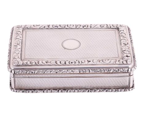 A Victorian silver snuff box by Edward Edwards, London 1845, of rectangular form, framed by chased floral borders, fully deco