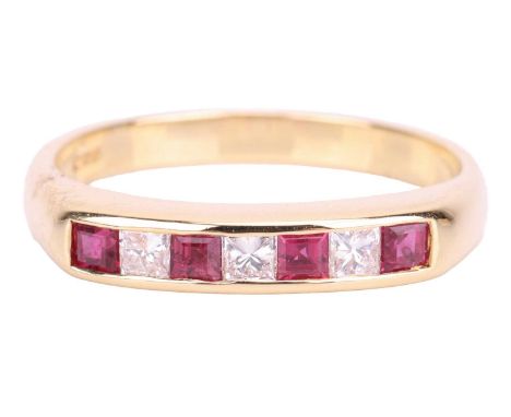 A ruby and diamond-set ring, featuring seven square-cut rubies and diamonds channel-set in an 18ct yellow gold mount, size M1