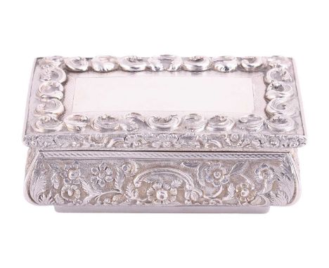 A William IV silver table snuff box by Joseph Willmore, Birmingham 1835, of rectangular form, cushioned sides chased with scr