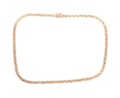A flat cobra link necklace in 18ct yellow gold, completed with a push-button clasp and secured with double figure-of-eight sa