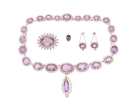 An early to mid 19th-century amethyst and rock crystal parure; comprising a necklace with detachable pendant fitting, a brooc