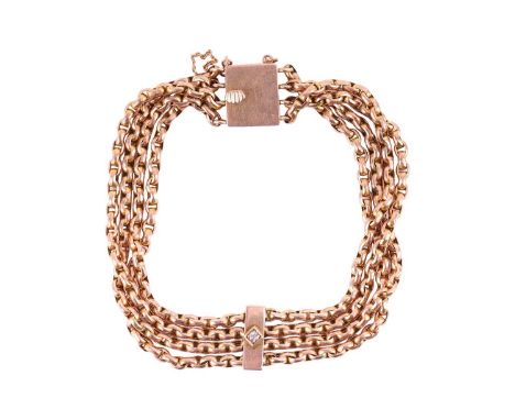 A Victorian four-row strand rose gold and diamond bracelet, the faceted links with a central containing bar link set with a s