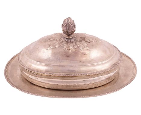 A Late 18th-century Russian white metal entrée dish with cover, Moscow 1786, of oval form with a beaded border, cover chased 
