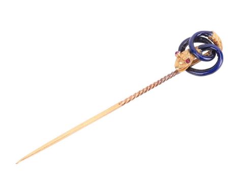 An enamel snake stick pin, featuring a coiling snake covered with cobalt blue enamel, with head and tail engraved with scaly 