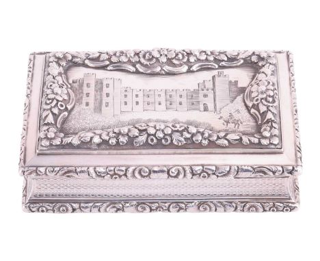 A William IV silver table snuff box by Nathaniel Mills, Birmingham 1837, of bevelled rectangular form, chased floral and scro