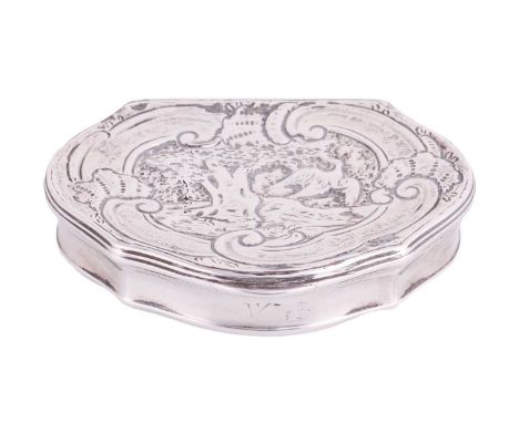 A George II silver snuff box by Robert Collier, London 1744, of cartouche form, cover chased with natural scenery within a fr