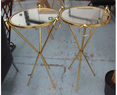 SIDE TABLES, a pair, 1950's French style gilt finish, circular mirrored tops on tripod supports, 78cm H. (2)