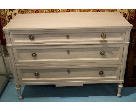 JULIAN CHICHESTER COMMODE, Louis XVI design grey painted with three long drawers, 120cm x 53cm x 87cm H.