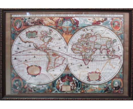CONTEMPORARY SCHOOL, repro print of Atlas of world 1630, framed, 106cm x 75cm.