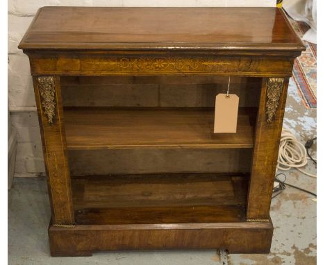 OPEN BOOKCASE, Victorian figured walnut, satinwood marquetry gilt metal mounted of small proportions with single shelf, 76cm 