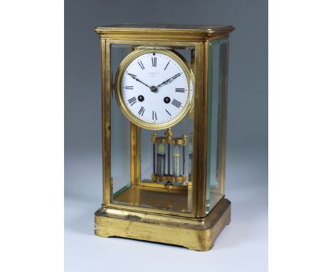 A Late 19th Century French Lacquered Brass "Four Glass" Mantel Clock, by Japy Freres and retailed by Racine &amp; Co of Paris