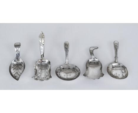 Five George III Silver Caddy Spoons, by Cocks and Bettridge, Birmingham 1806-1816, one with leaf-shaped bowl, one with plain 