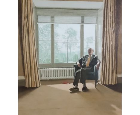 Shaw (20th Century School) - Oil painting - "For the Gardeners" - Interior with gentleman seated by a sash window, 46ins x 42