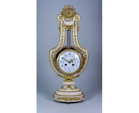 A Late 19th Century French White Marble and Gilt Brass Mounted "Marie Antoinette" Lyra Pattern Clock, by S. Marti et Cie, Par