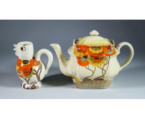 Rodanthe, a Clarice Cliff Bizarre Chick Cocoa Pot and a Honeyglaze Octagonal Teapot, the chicken 5.5ins high, printed mark wi