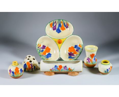 Crocus, a Selection of Clarice Cliff Bizarre Pieces, including a fern pot 3ins high, a flower frog shape no.226 2.5ins high, 