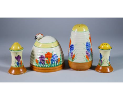 Crocus, a Clarice Cliff Lynton Sugar Sifter, Beehive Honey Pot and Cover and a Salt and Pepper Cruet, the sugar sifter 5ins h