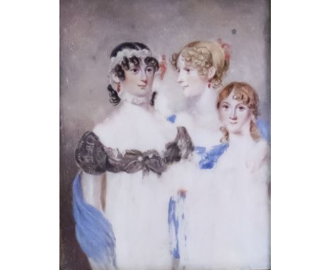 An Early 19th Century School - Miniature painting - Half length portrait of three young women 3.75ins x 3ins, in gilt moulded