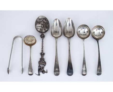 A Pair of George II Silver Old English Pattern Table Spoons and Mixed Silver Ware, the table spoons by Joseph Hicks, Exeter 1