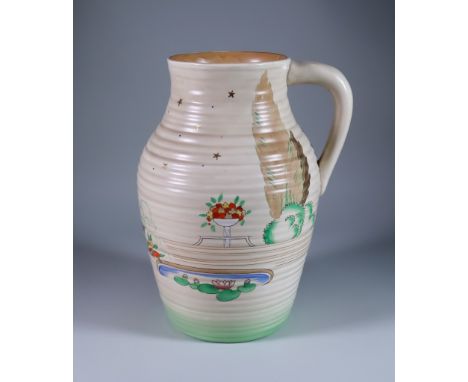 Napoli, a Clarice Cliff Single-Handled Lotus Jug, painted in colours, 11.75ins high, blue printed mark with Wilkinson backsta