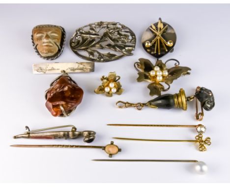 A Mixed Lot of Gem Set Silver and Gold Coloured Metal Items, comprising six brooches, various, four gem set stick pins, and o