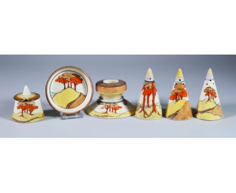 Coral Firs, a Clarice Cliff Bizarre Conical Three Piece Cruet, One Other Conical Cruet, a Candlestick and a Coaster, the cand