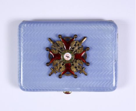 A Late 19th/ Early 20th Century Faberge Silver Gilt and Pale Blue Enamel Rectangular Cigarette Case, by A Astrayden, St Peter