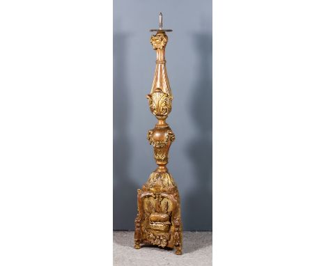 An Italian Gilt Pricket Candlestick of Baroque Form, 53ins high