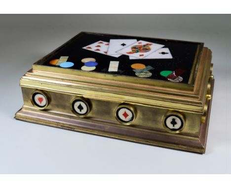 A Continental Ormolu and Pietra Dura Games/Card Two-Handled Casket, the lid and sides inset with panels of playing cards and 