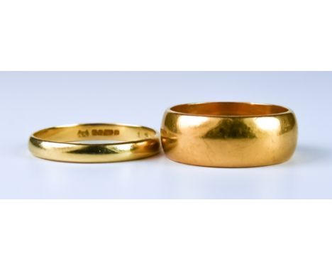 Two Wedding Bands, Modern, one 22ct, size K+, gross weight 7g, and one 9ct, size P, gross weight 2g