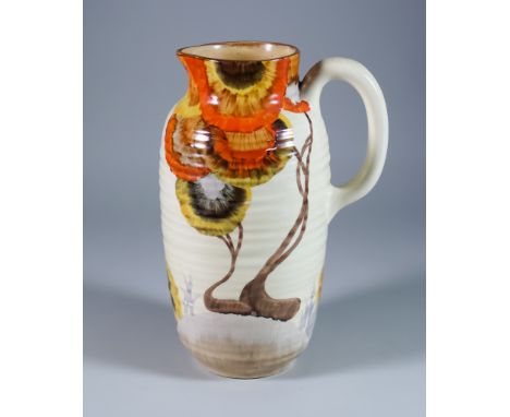Rhodanthe, a Clarice Cliff Bizarre Greek Jug, shaped no.563, painted in colours, 9.5ins high, printed mark with Wilkinson Ltd