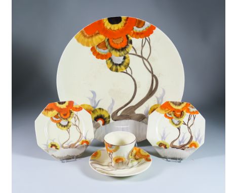 Rhodanthe, a Clarice Cliff Bizarre Circular Plaque and Other Items, the plaque 13.5ins diameter, an octagonal sandwich plate 