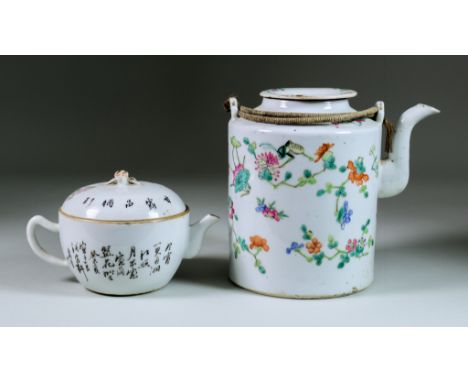 A Chinese Porcelain Teapot and Cover, of compressed form, enamelled in colours with a bird on a branch and lines of script, r