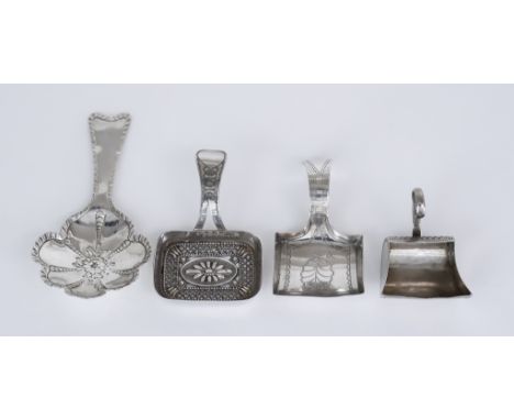 Four George III Silver Caddy Spoons, one maker's mark rubbed, London 1807, three by Cocks and Bettridge, Birmingham 1804-1809
