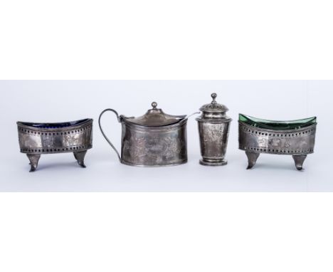 A Pair of George III Oval Salts, an Oval Mustard Pot and a Cylindrical Pepper Pot, the salts by Nathaniel Smith and Co, Sheff