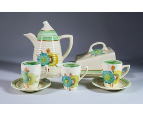 Honeydew, a Clarice Cliff Lyton Part Coffee Service, comprising- coffee pot 7.75ins high, milk jug, six cups and eight saucer